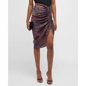 VERONICA BEARD Ari Ruched Midi Skirt Womens 10 Red Paisley Floral Print Slip